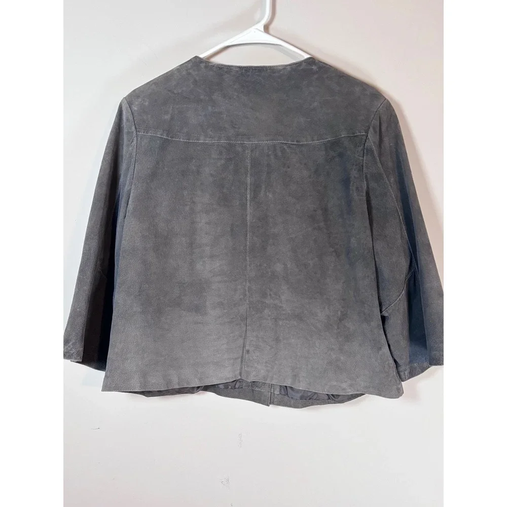 LAL Gray Suede Leather Jacket Womens Large Cropped 3/4 Sleeve Snap Front 5106WS - Picture 3 of 4